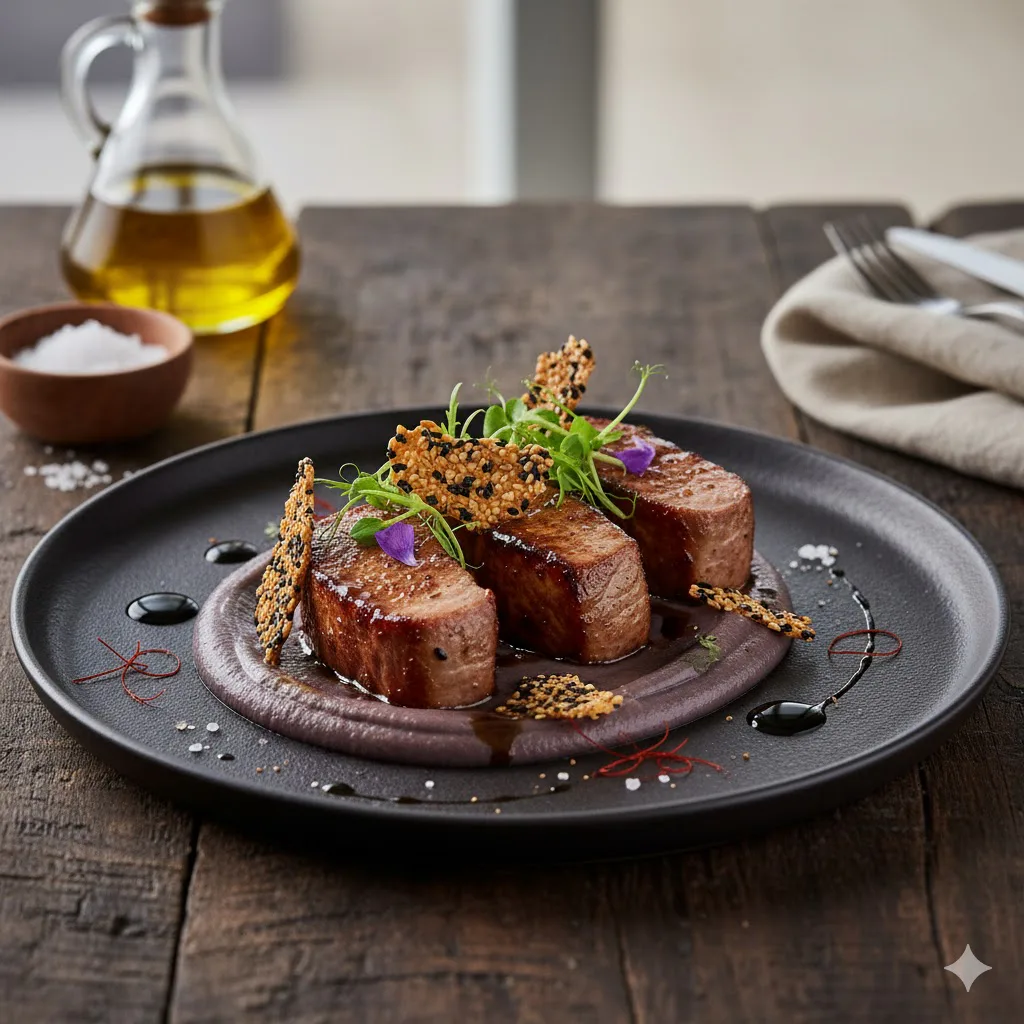 Solomillo ibérico al miso con berenjena ahumada