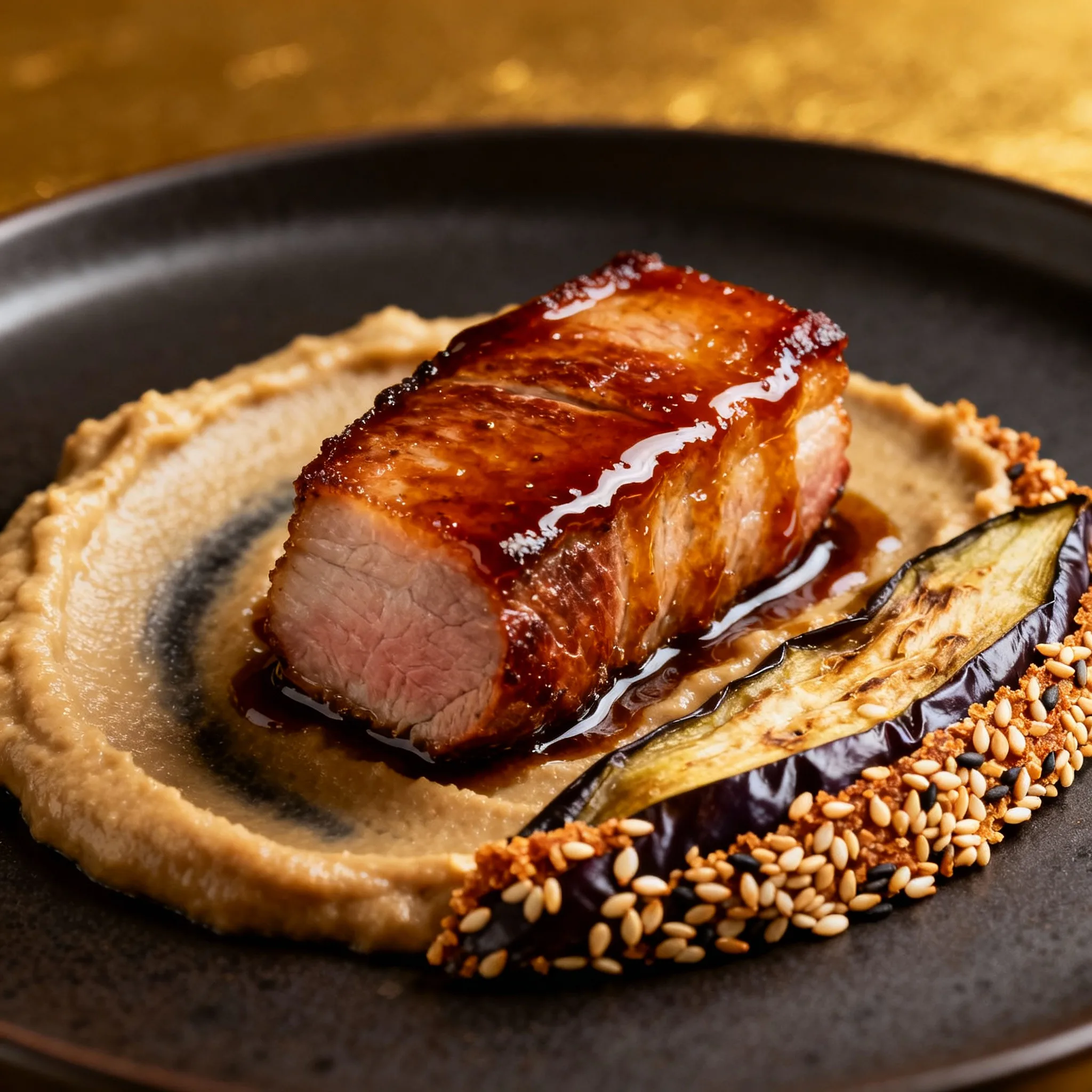 Solomillo ibérico al miso con berenjena ahumada listo para servir