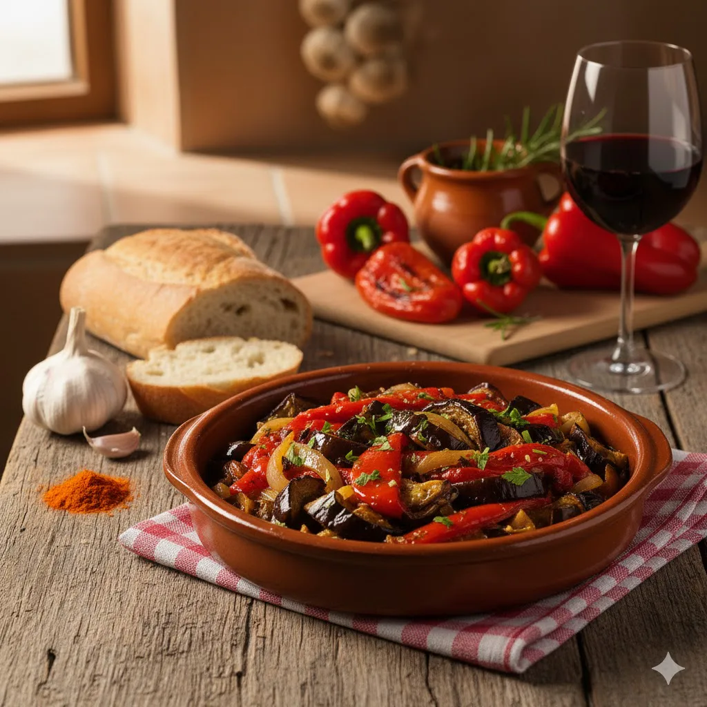 Aspencat de berenjena, pimiento y tomate lista para servir