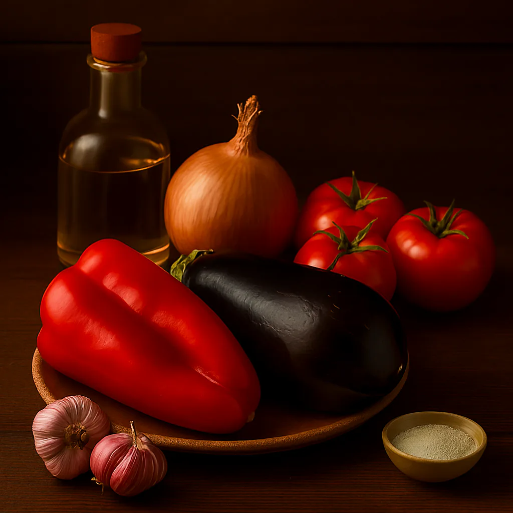 Ingredientes para aspencat de berenjena, pimiento y tomate