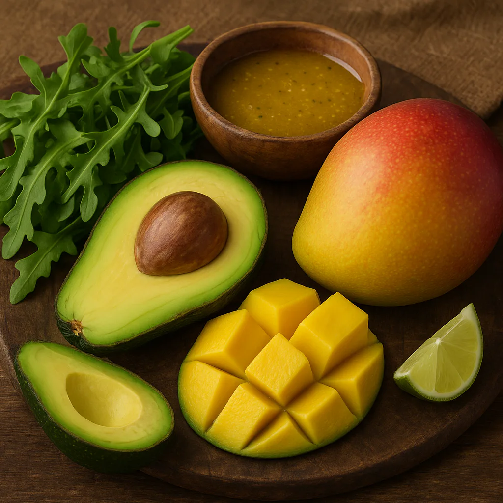 Ingredientes para ensalada de aguacate, mango y rúcula