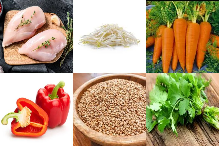 Ingredientes para ensalada asiática de pollo y brotes de soja