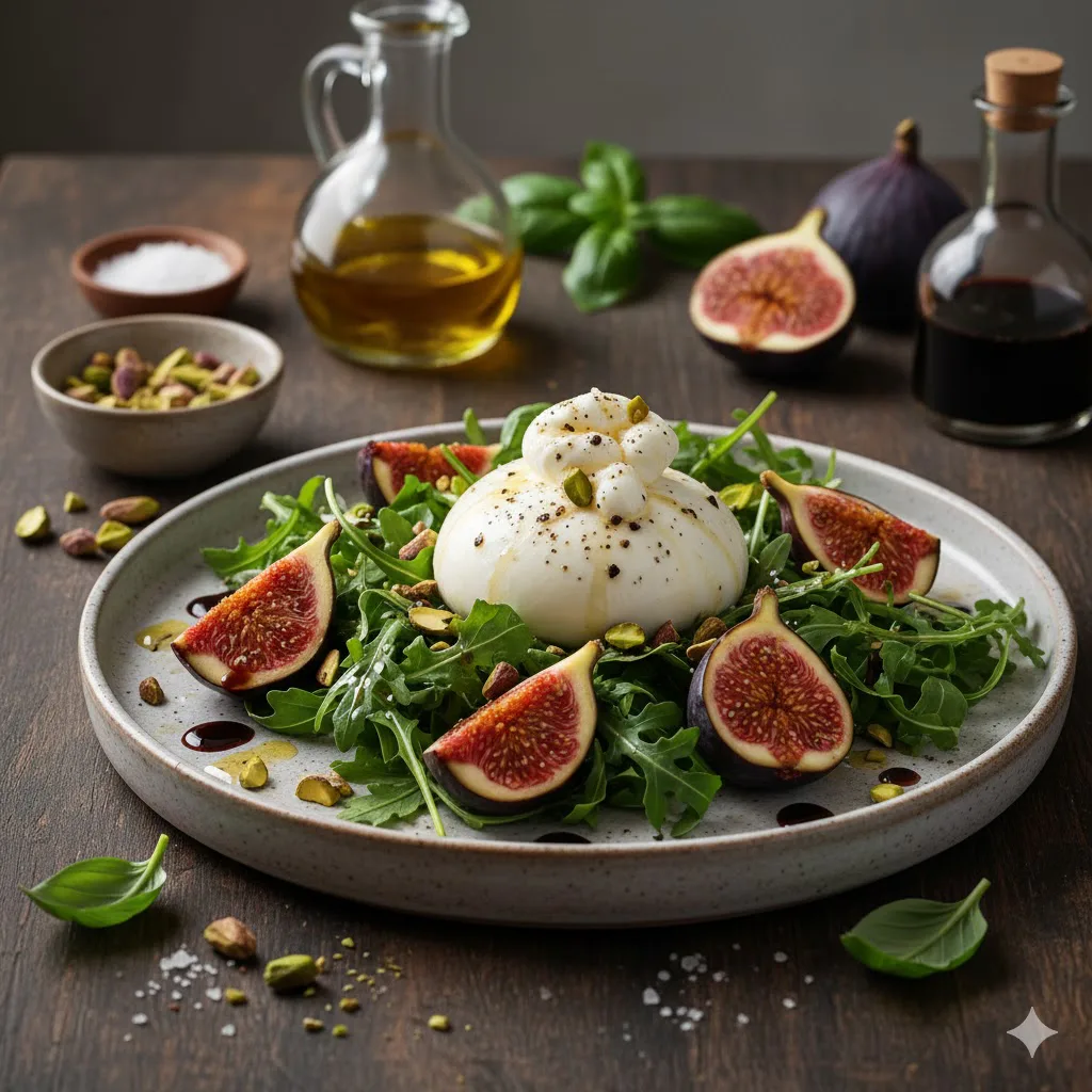 Ensalada de burrata, higos y pistachos lista para servir