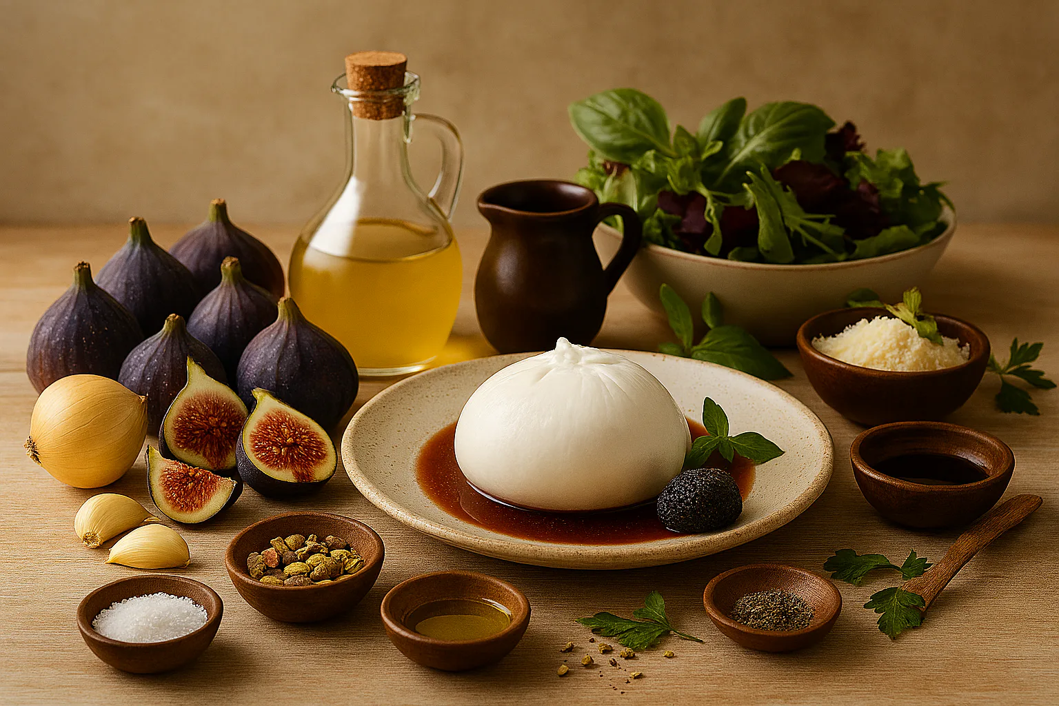 Ingredientes para ensalada de burrata, higos y pistachos