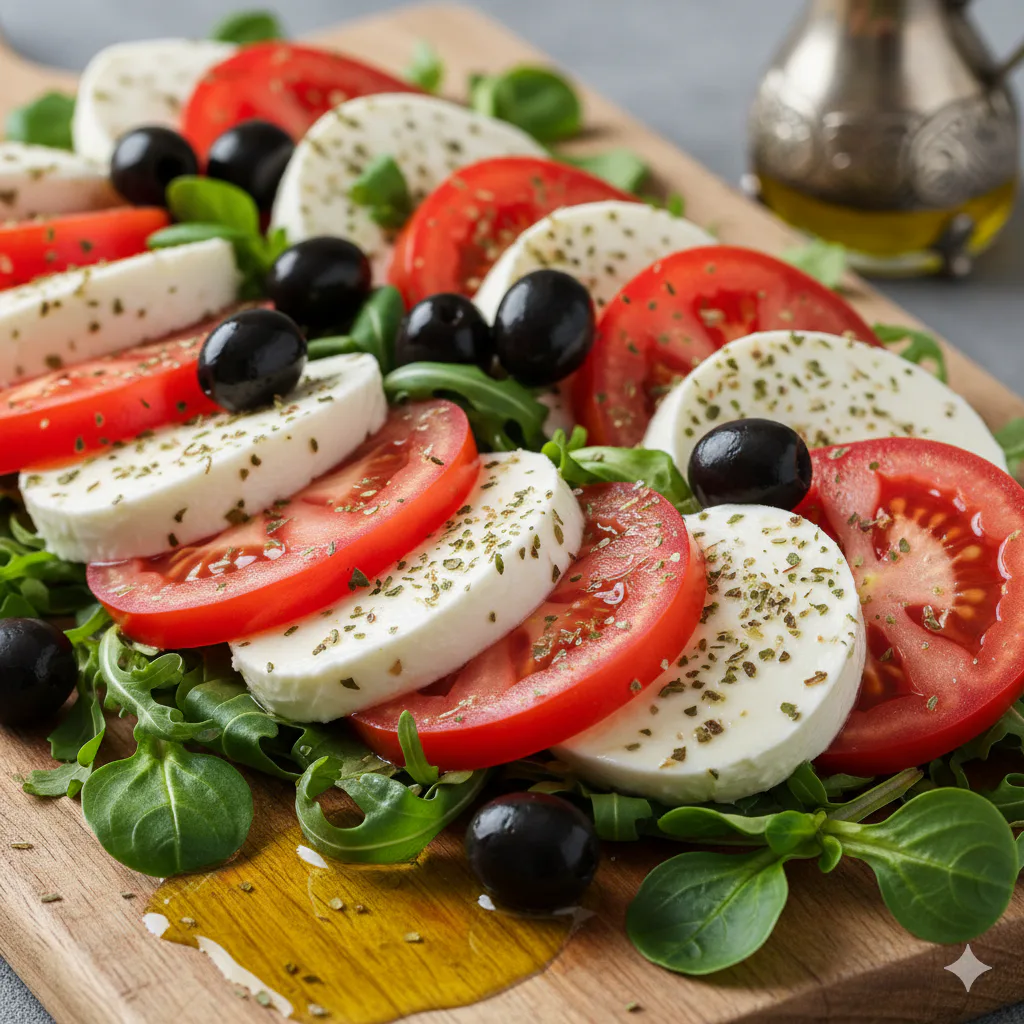 Ensalada caprese con aceitunas y rúcula