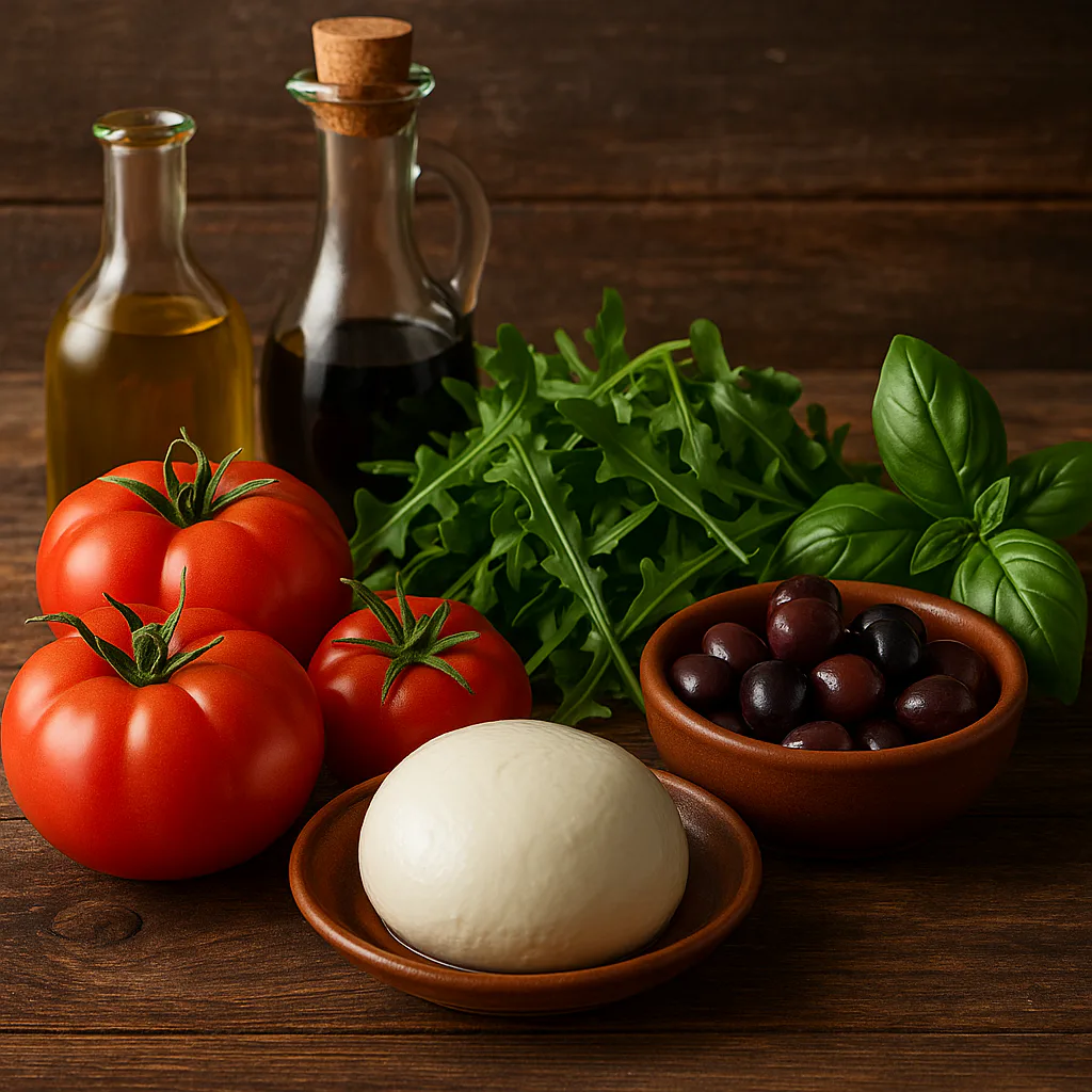 Ingredientes para ensalada caprese con aceitunas y rúcula