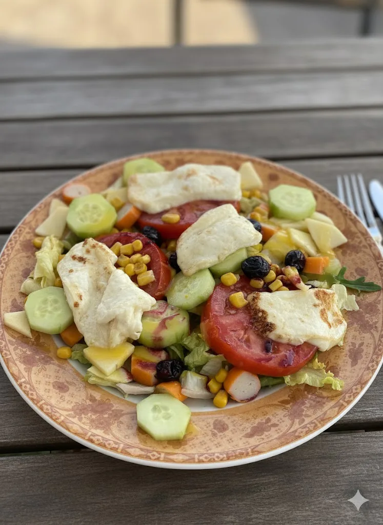 Ensalada mixta con queso de cabra, frutos rojos y surimi