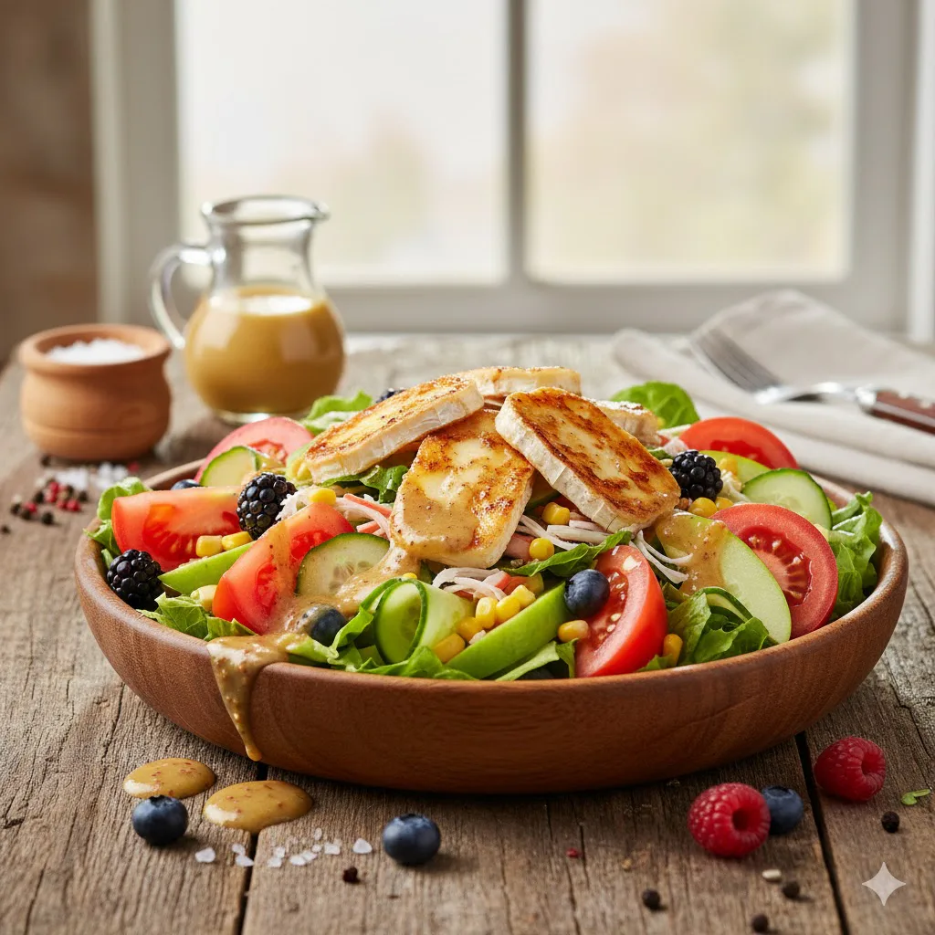 Ensalada mixta con queso de cabra, frutos rojos y surimi lista para servir