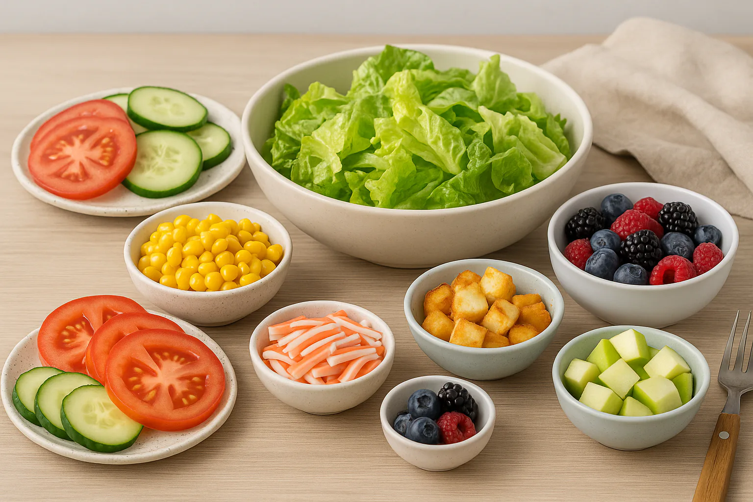 Ingredientes para ensalada mixta con queso de cabra, frutos rojos y surimi