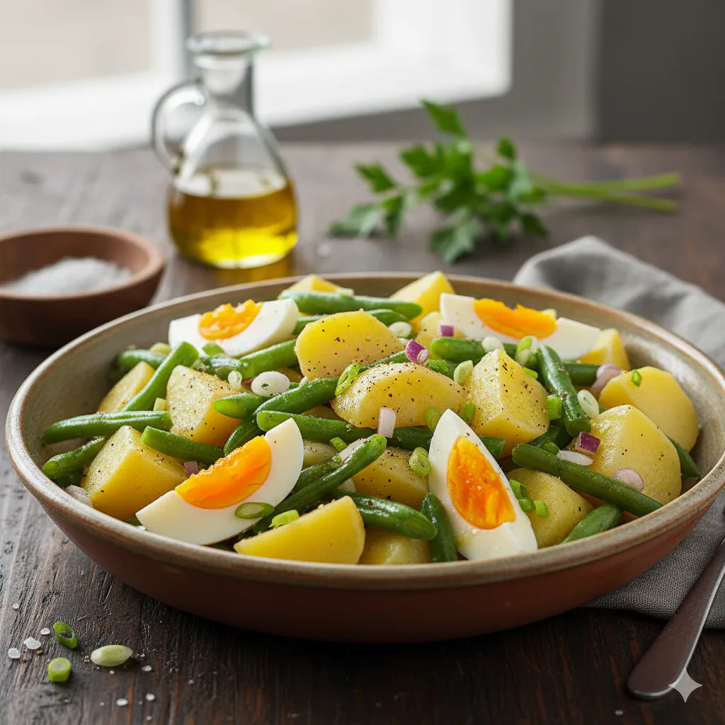 Ensalada de huevo, judías verdes y patata lista para servir