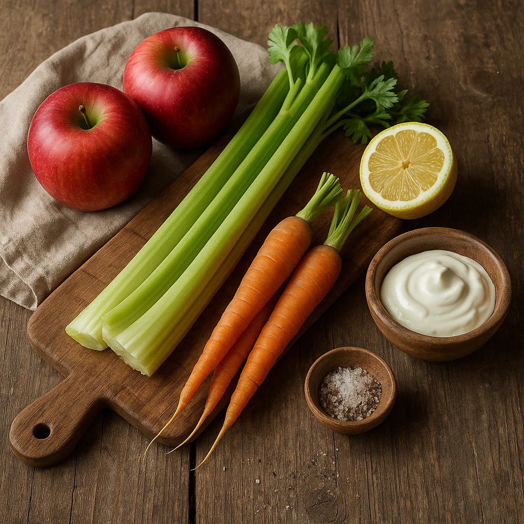 Ingredientes para ensalada de manzana, apio y zanahoria