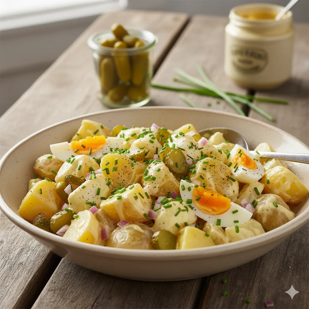 Ensalada de patata, huevo y pepinillos lista para servir