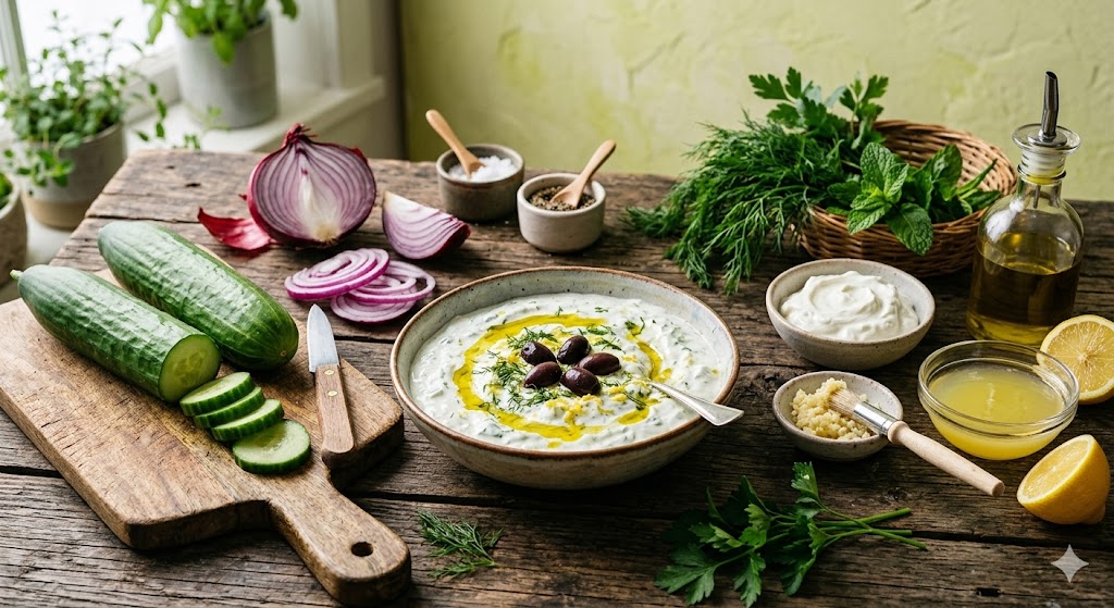 Ingredientes para ensalada de pepino con tzatziki