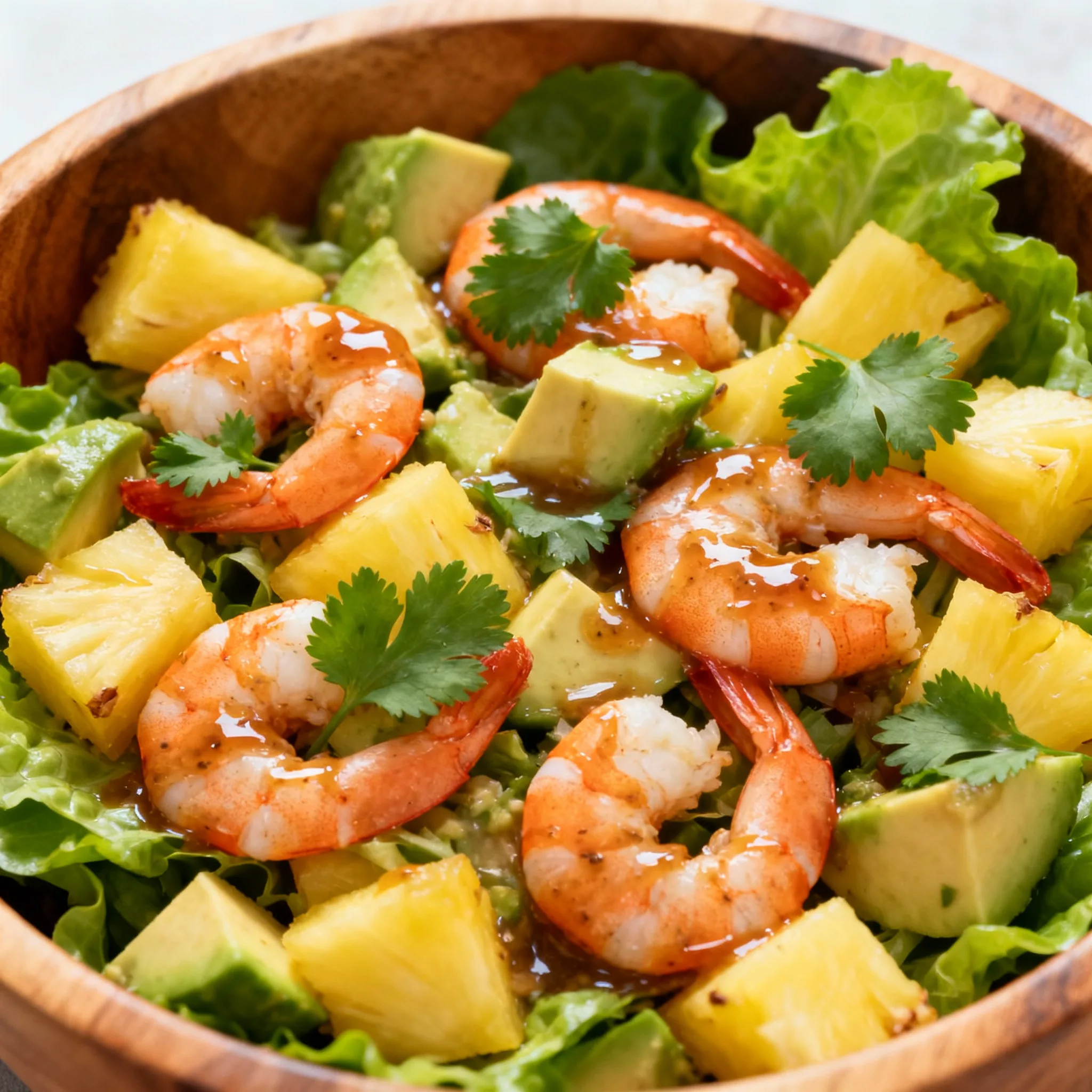 Ensalada de piña, langostinos y aguacate lista para servir
