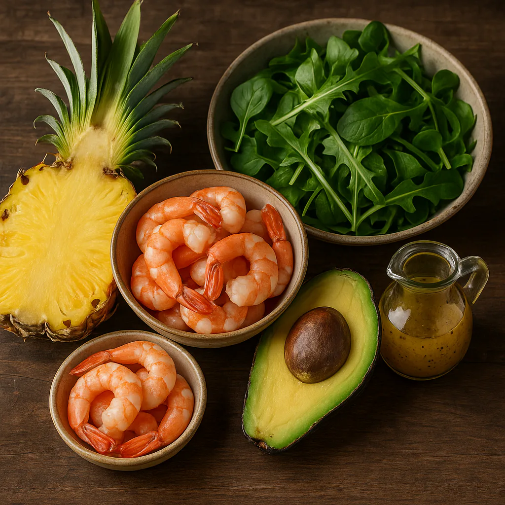 Ingredientes para ensalada de piña, langostinos y aguacate