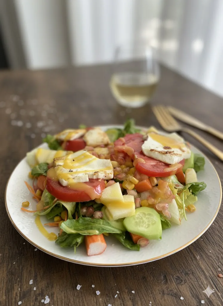 Ensalada fresca con queso a la plancha y aderezo de mostaza y miel lista para servir