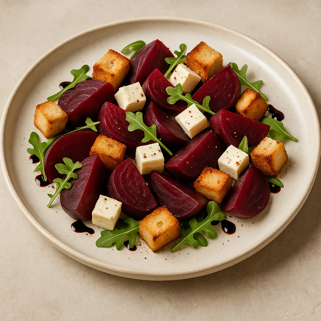 Ensalada de remolacha, queso y picatostes