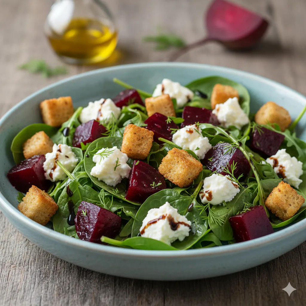 Ensalada de remolacha, remolacha y picatostes lista para servir