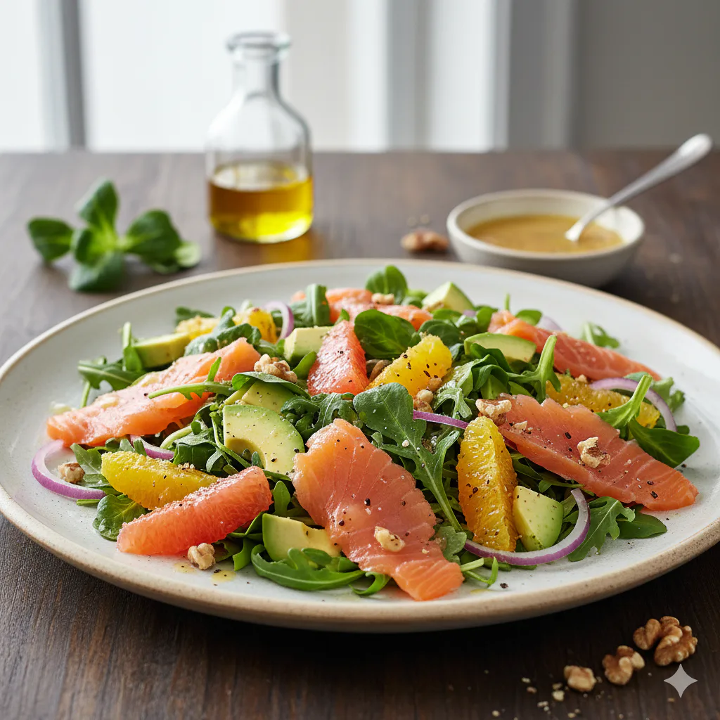 Ensalada con salmón ahumado, aguacate y cítricos lista para servir