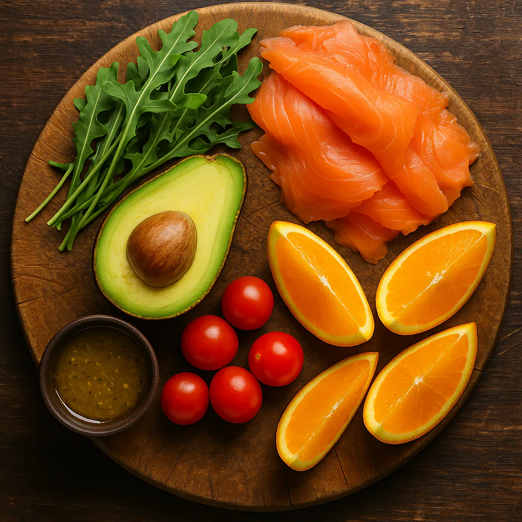 Ingredientes para ensalada con salmón ahumado, aguacate y cítricos