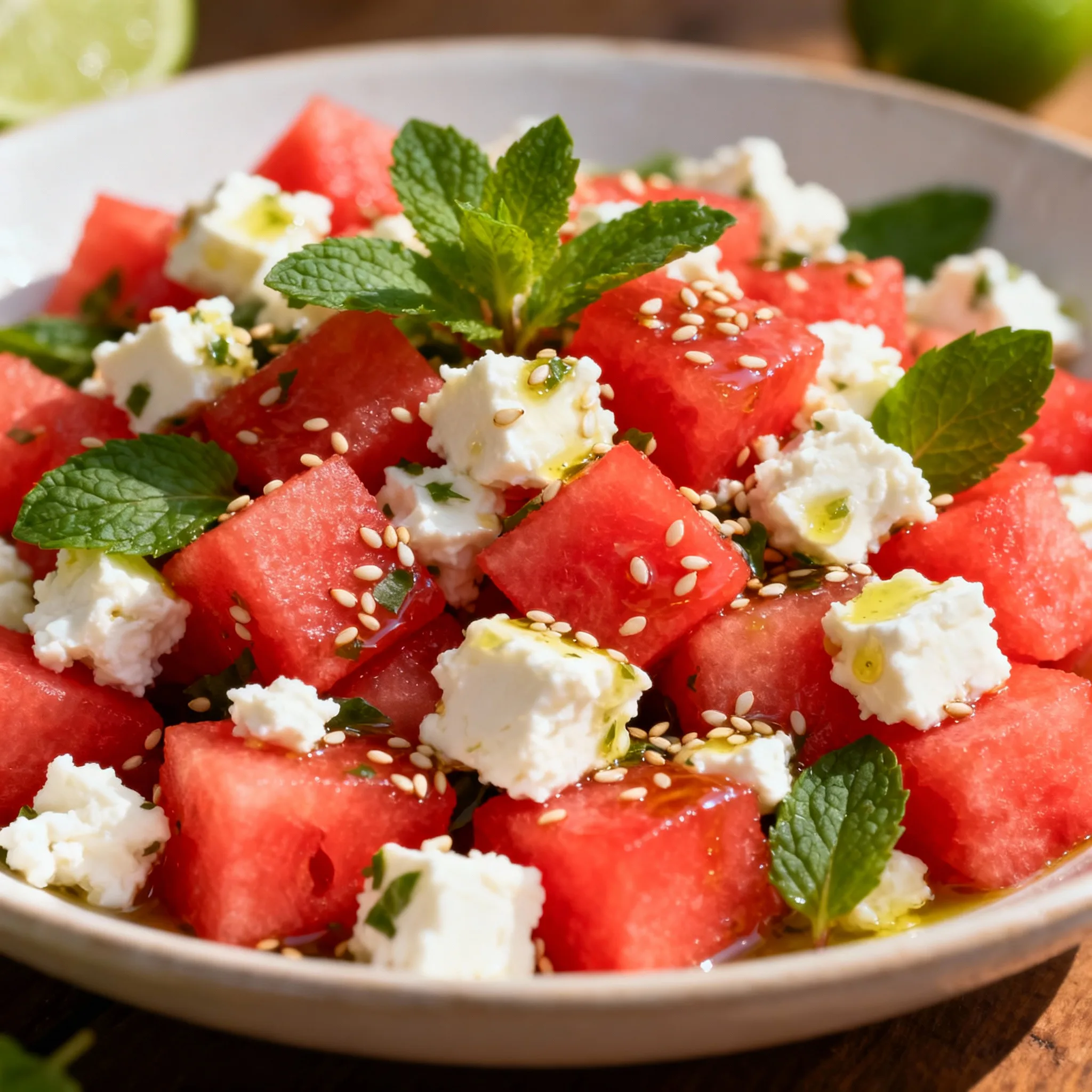 Ensalada de sandía con queso feta y menta lista para servir