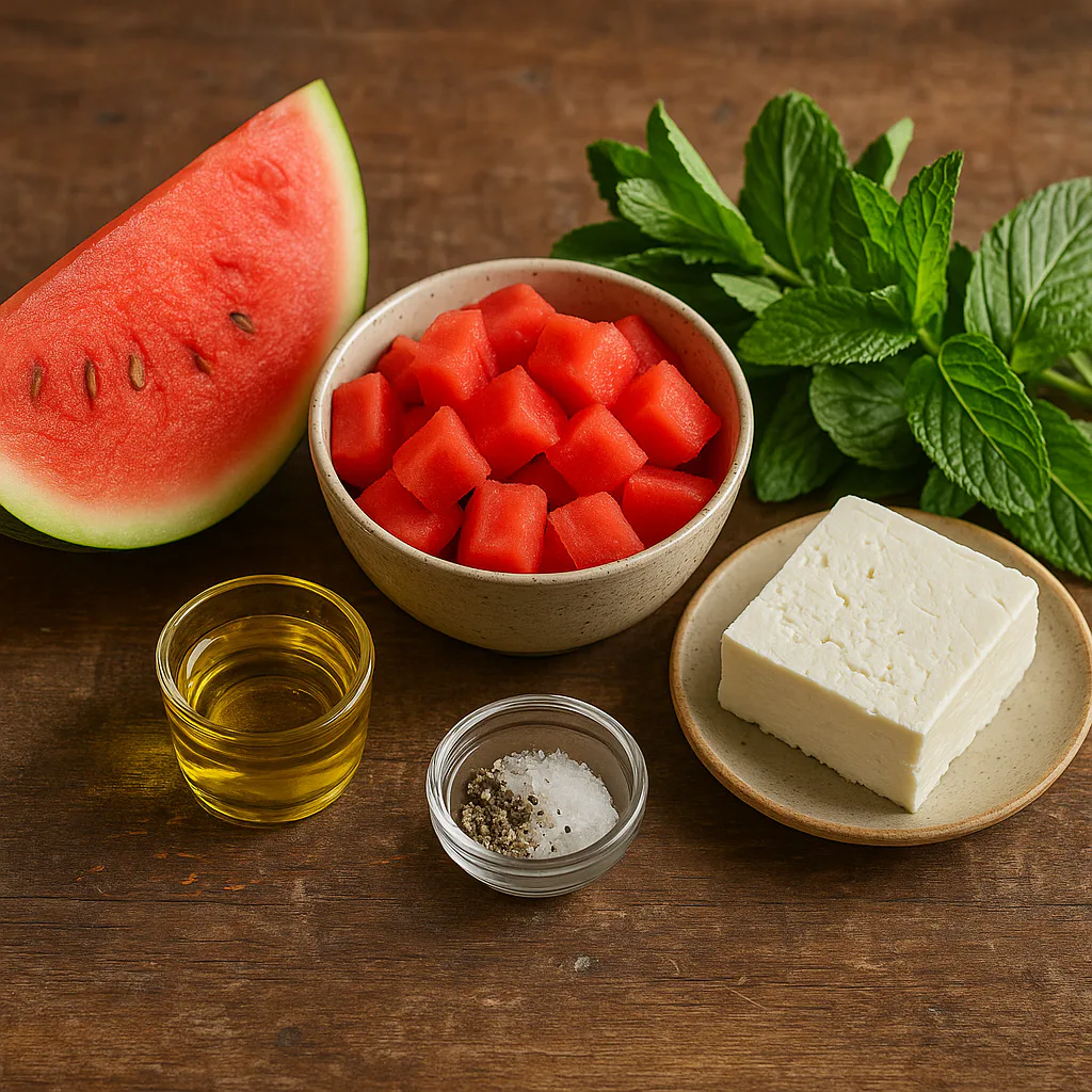 Ingredientes para ensalada de sandía con queso feta y menta