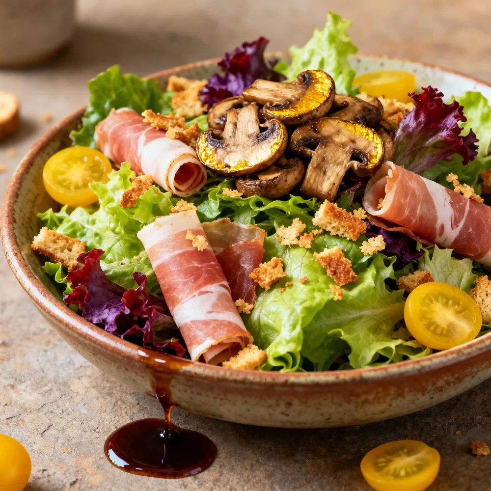 Ingredientes para ensalada templada de bacon y champiñones con hojas verdes