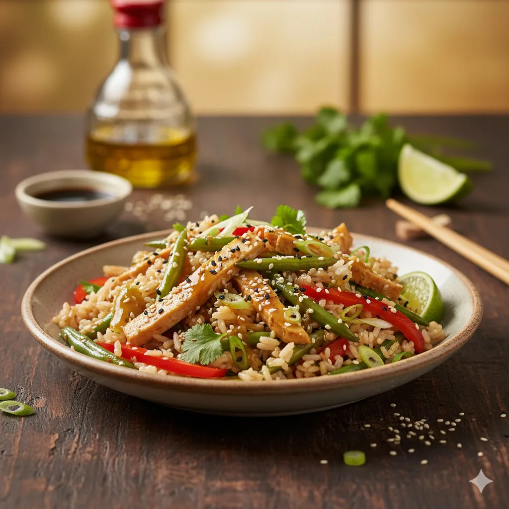 Ensalada tibia de arroz y sésamo lista para servir