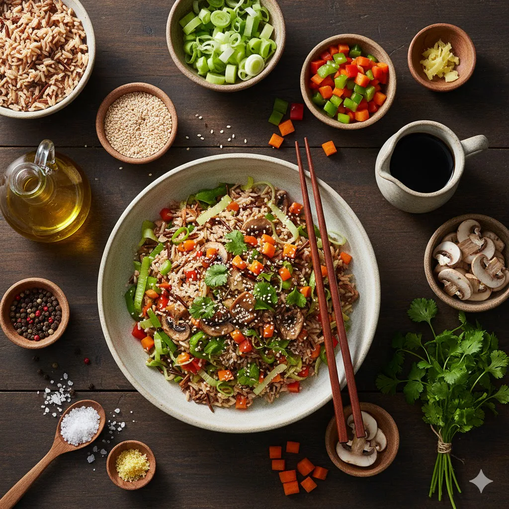 Ingredientes para ensalada tibia de arroz y sésamo