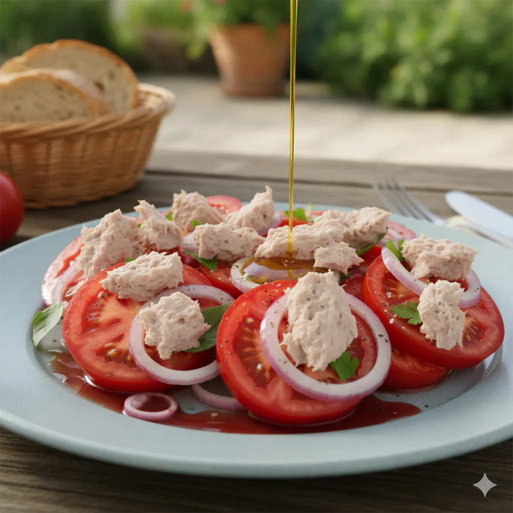 Ensalada de tomate, cebolla y atún lista para servir