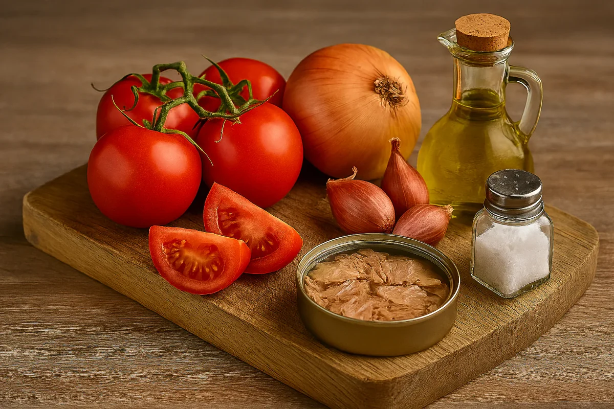Ingredientes para ensalada de tomate, cebolla y atún