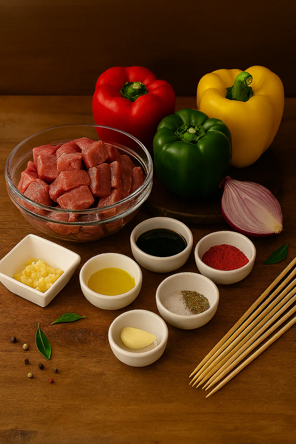 Ingredientes para brocheta de ternera y pimientos