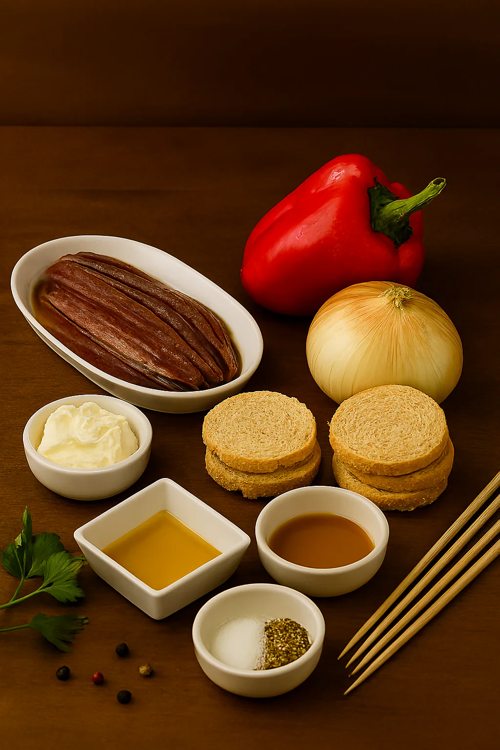 Ingredientes para canapés de anchoa y pimiento
