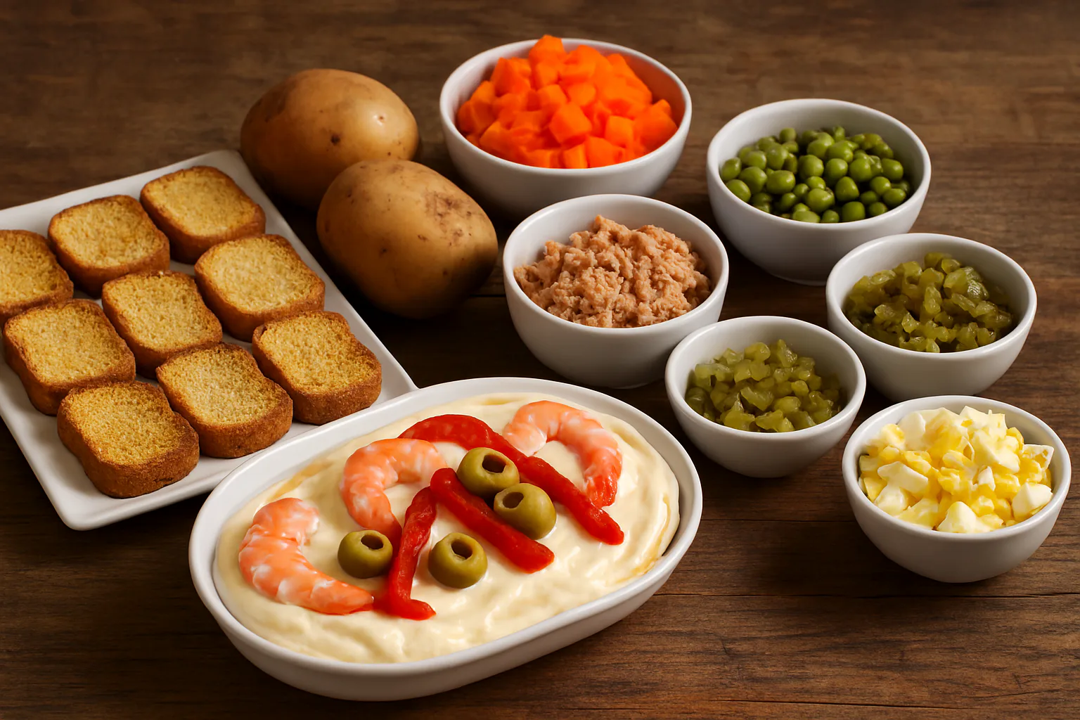 Ingredientes para canapés de ensaladilla sobre tosta