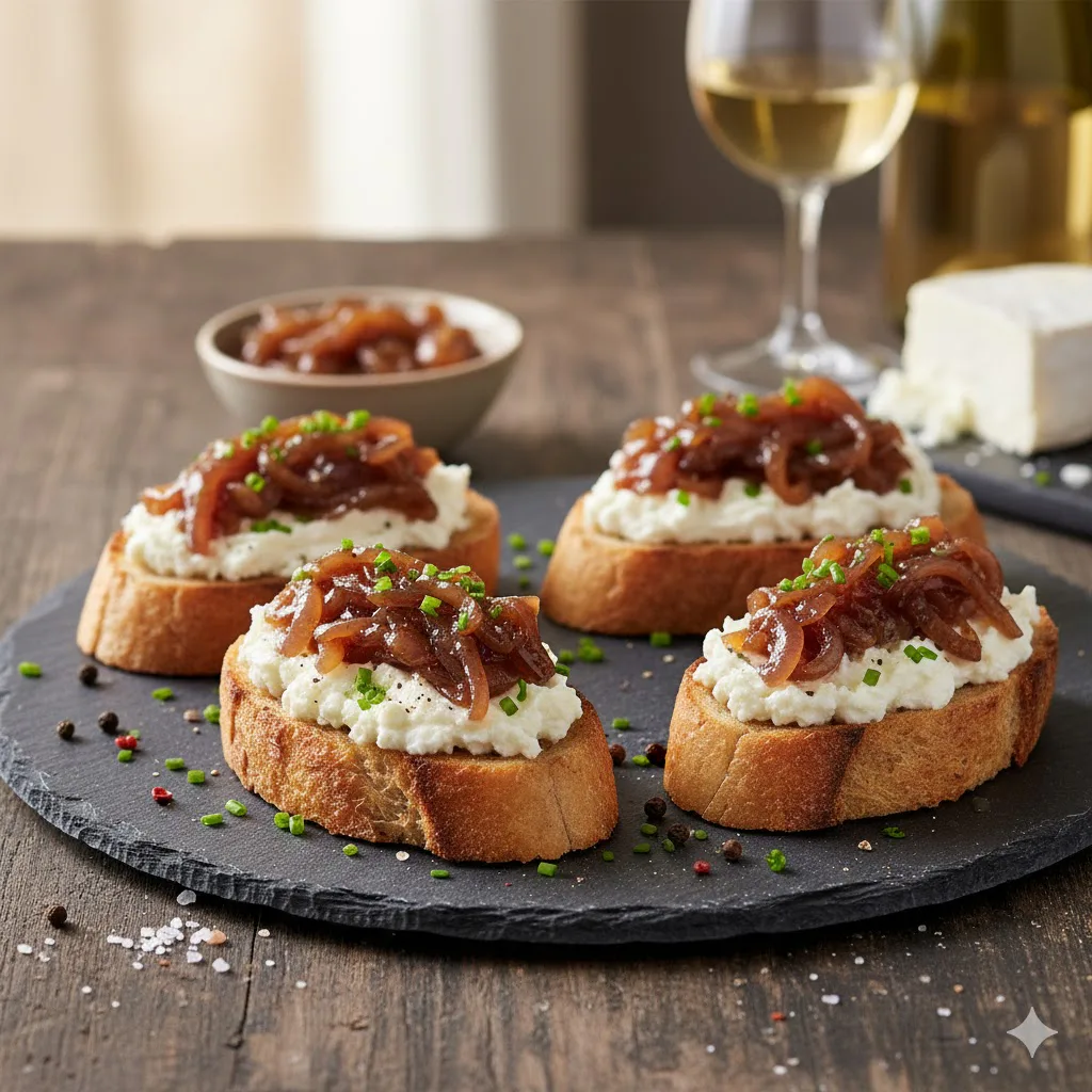Canapés de Queso de Cabra y Cebolla Caramelizada - receta, técnica y punto - ComaBien