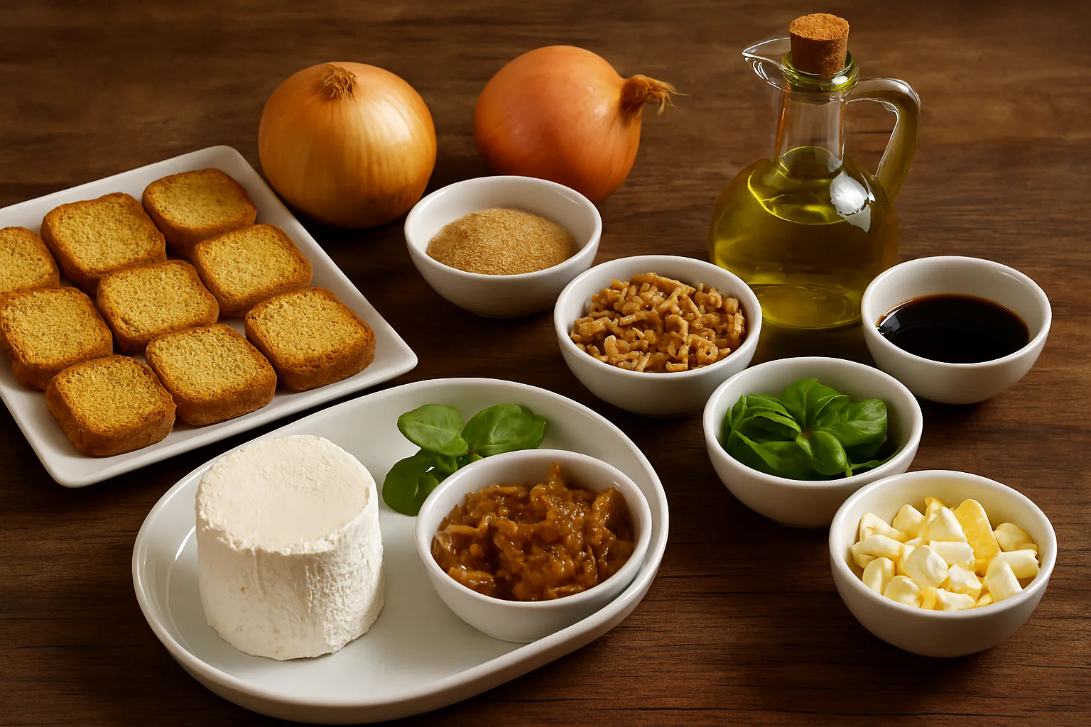 Ingredientes para canapés de queso de cabra y cebolla caramelizada