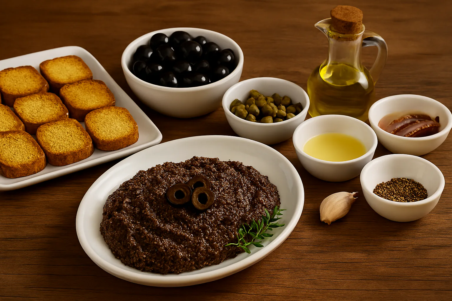 Ingredientes para canapés de tapenade de aceitunas