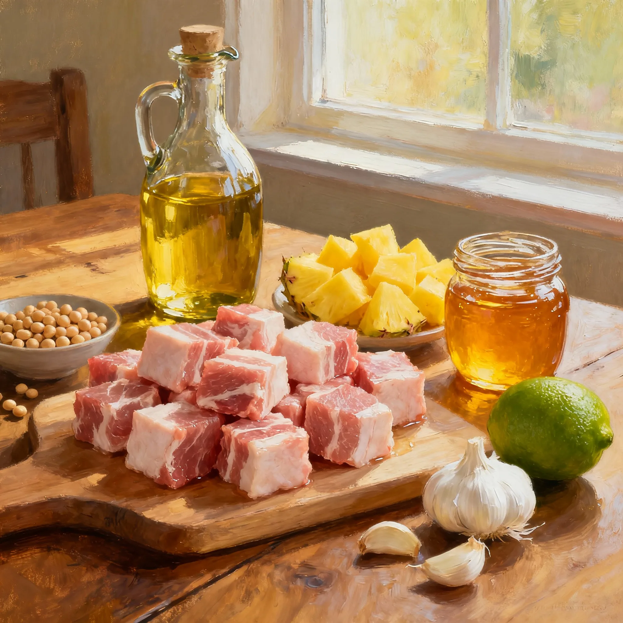 Ingredientes para brochetas de cerdo y piña