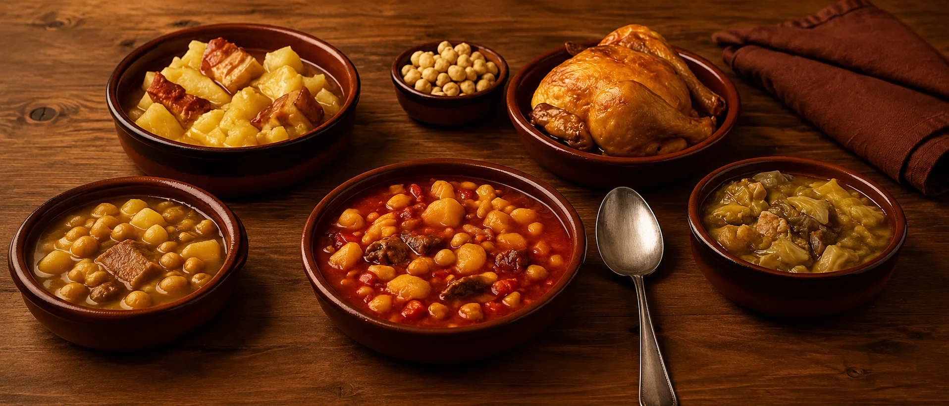Guisos caseros y platos de cuchara servidos en una mesa familiar