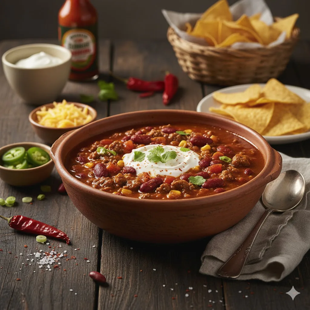 Chili con carne: ternera, judías y especias listo para servir