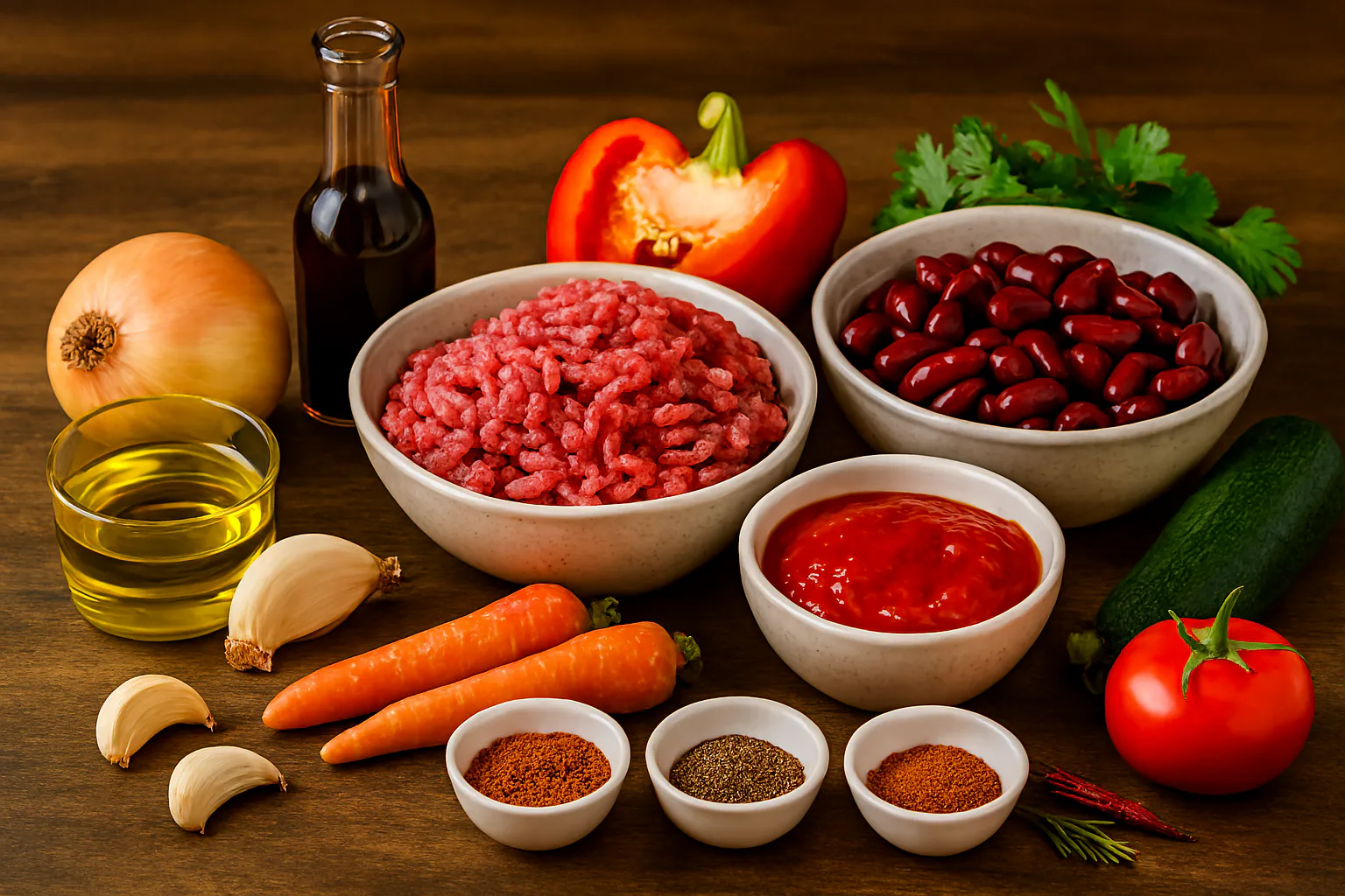 Ingredientes para Chili con carne: ternera, judías y especias
