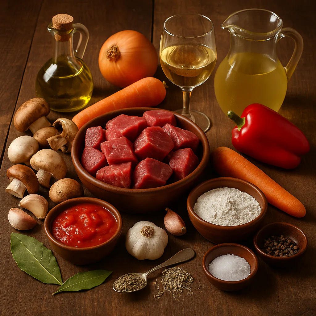 Ingredientes para Estofado de ternera con setas y vino tinto