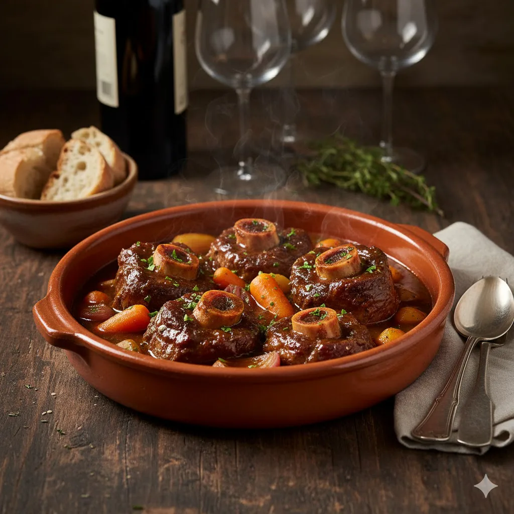 Rabo de toro estofado al vino tinto listo para servir