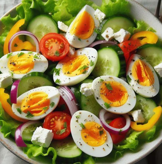 Ensalada fresca con huevo duro, tomate y lechuga