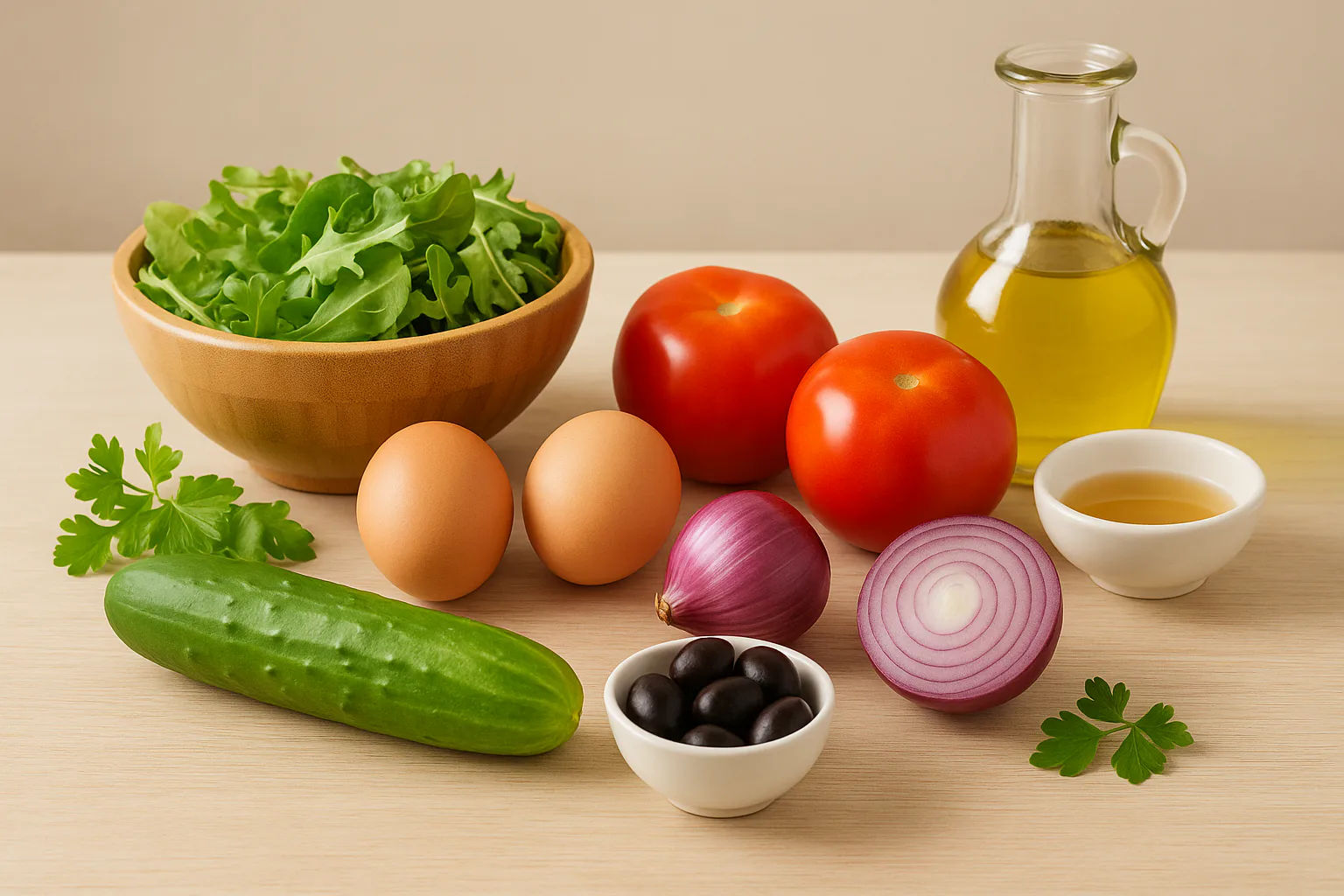 Ingredientes: huevos, lechuga, tomate, pepino y aceitunas