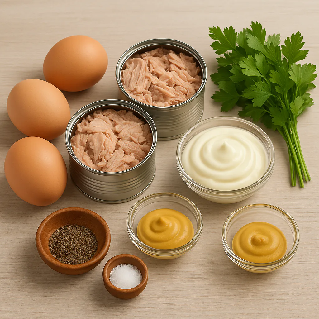 Ingredientes: huevos, atún, mayonesa y perejil