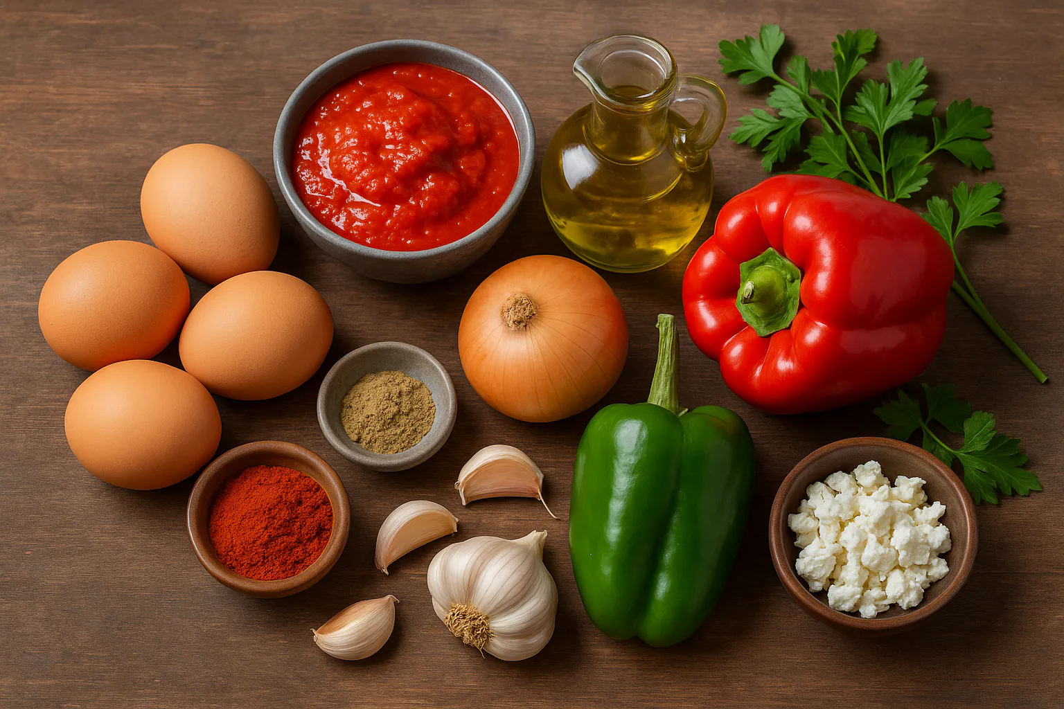 Ingredientes: huevos, tomates, pimientos, cebolla, ajo y especias