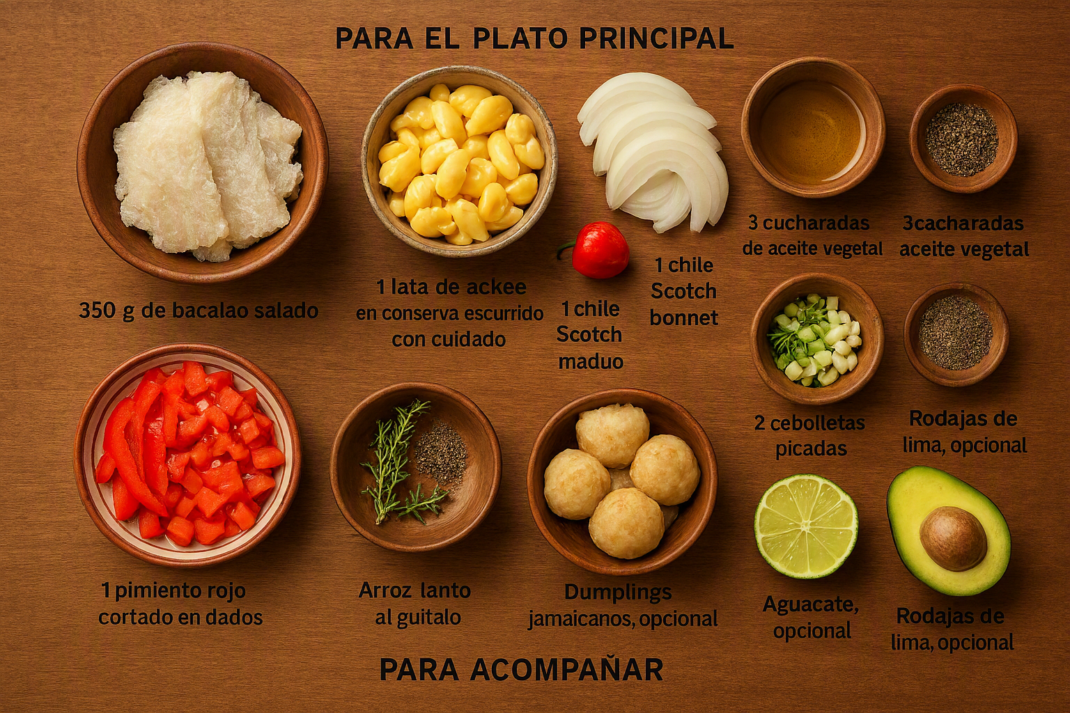 Ingredientes para Ackee and saltfish jamaicano