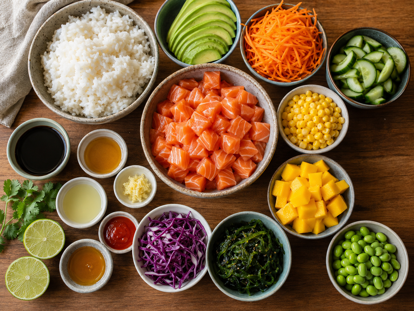 Ingredientes del poke de salmón: salmón, arroz y toppings