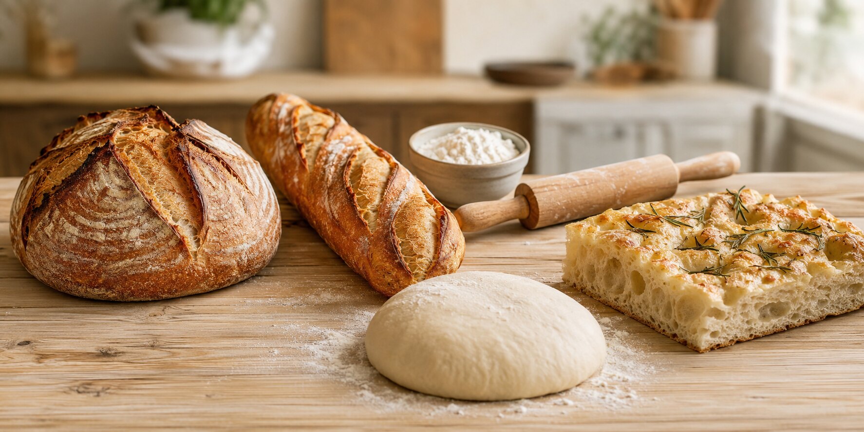 Panes y masas caseras: hogazas, baguettes, focaccia, pizza, empanadas y bollería